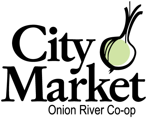 A logo for City Market. The words "City Market, Onion River Co-op" are visible in black text with a light green onion image in the top right.
