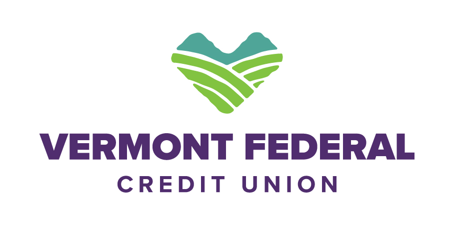 Logo for Vermont Federal Credit Union with purple text and a blue and green striped heart above.
