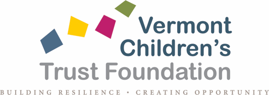 Vermont Children's Trust Foundation logo. Blue and grey text with colorful squares to the left of text.
