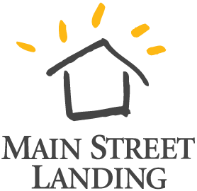 A logo for Main Street Landing. A silhouette of a building is outlined in black with yellow lines radiating above. Text in black below reads "Main Street Landing".