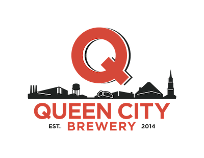 A logo for Queen City Brewery. A red letter Q floats above a city skyline image. Buildings are visible in the skyline, all in black, resembling buildings found in the city of Burlington. Red letters at the bottom read "Queen City Brewery," followed by "established 2014" in black.