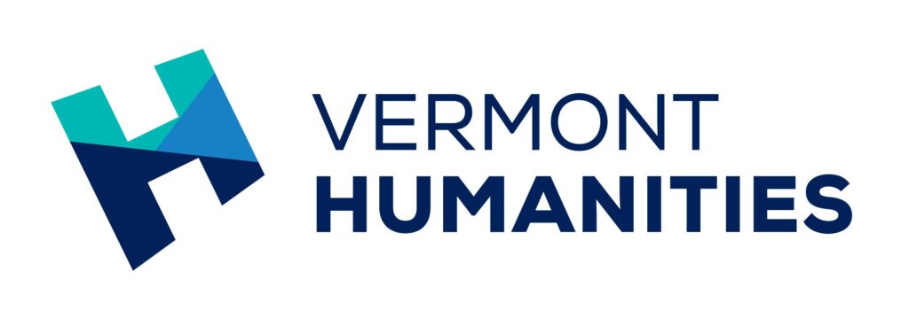 A logo for Vermont Humanities. On the left hand side is a capital "H" in three shades of blue. The "H" is at an angle in a 3-D manner. The word "Vermont" is in all caps and navy blue. The word "Humanities" is also in all caps and navy blue with a bolder text.